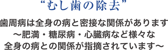 “むし歯の除去”歯周病は全身の病と密接な関係があります〜肥満・糖尿病・心臓病など様々な全身の病との関係が指摘されています〜