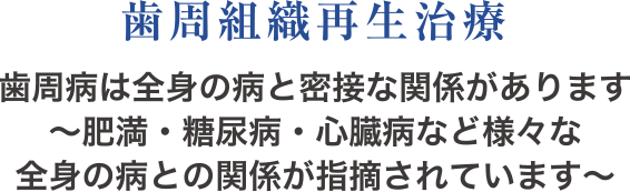 歯周組織再生治療 歯周病は全身の病と密接な関係があります〜肥満・糖尿病・心臓病など様々な全身の病との関係が指摘されています〜
