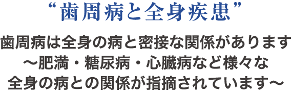 “歯周病と全身疾患” 歯周病は全身の病と密接な関係があります～肥満・糖尿病・心臓病など様々な全身の病との関係が指摘されています～
